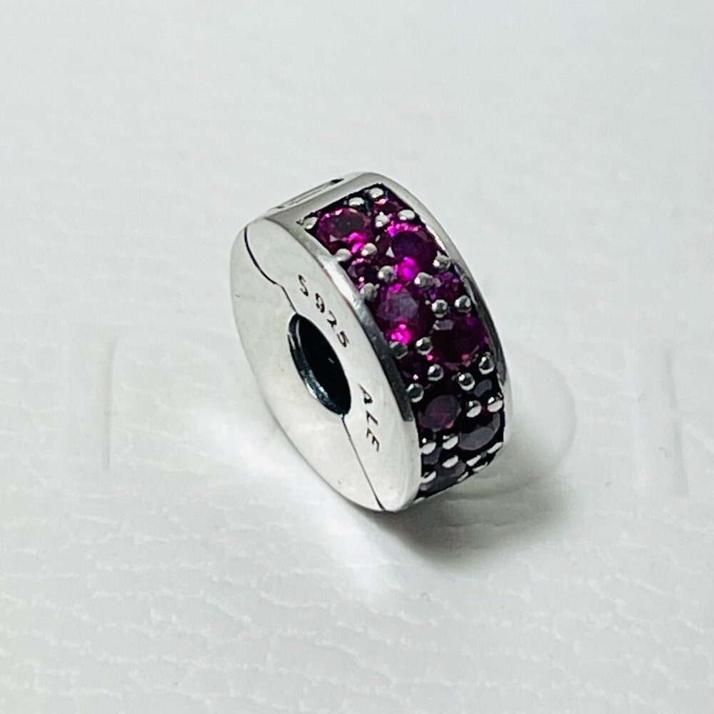 New Fancy Pink Cerise Pave Clip Charm Pandora w Silicone Grip Summer Special